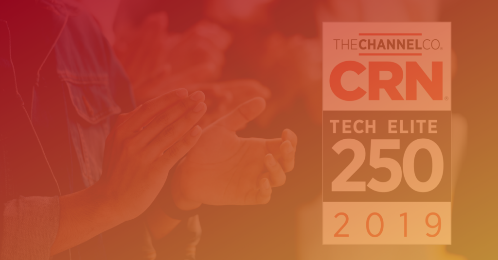 Hands clapping with CRN Tech Elite 250 2019 award logo on right