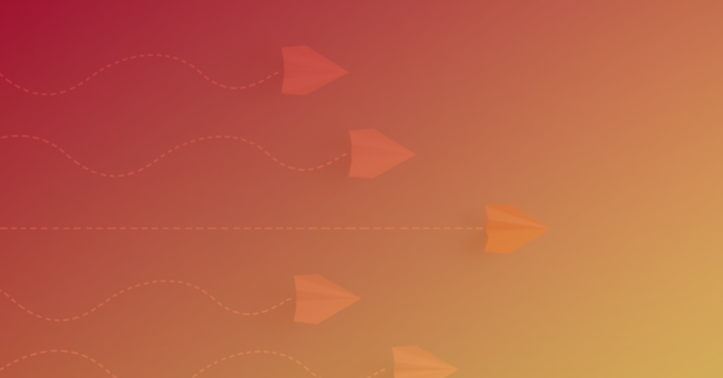 Paper airplanes moving in varying directions on red-orange gradient background