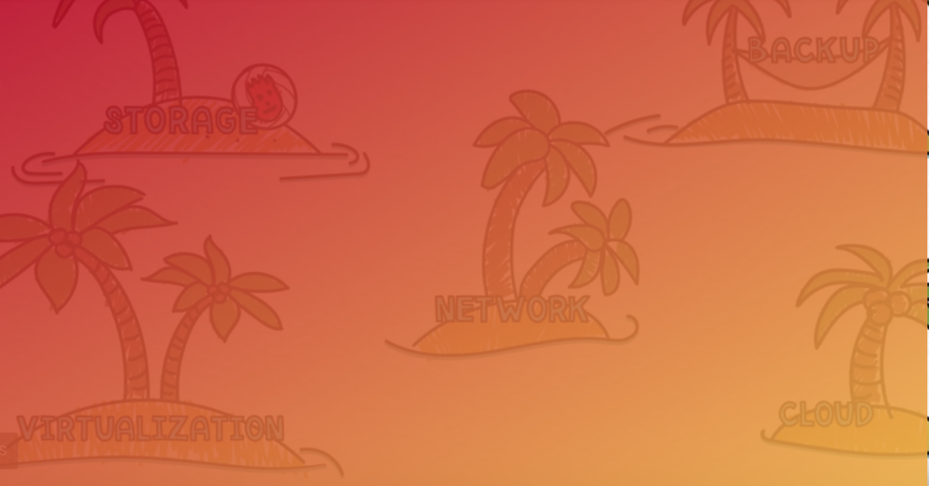 Illustrated tropical islands labeled: Storage, Virtualization, Network, Backup, Cloud, on a red-orange gradient background