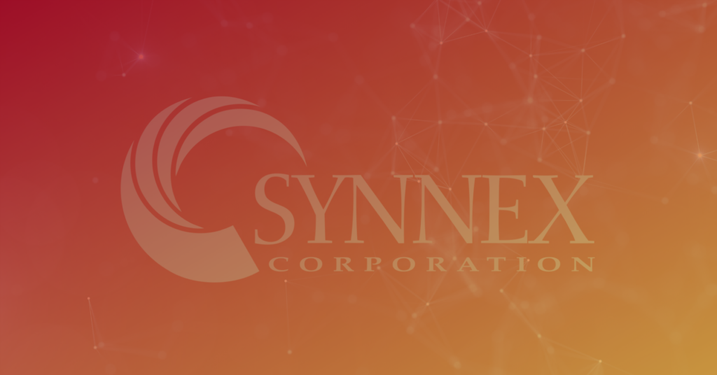 SYNNEX Corporation logo on a red-orange gradient background with connecting lines and dots