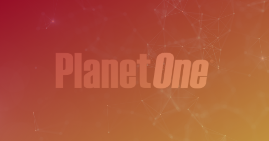 PlanetOne logo on red-orange gradient background with geometric lines