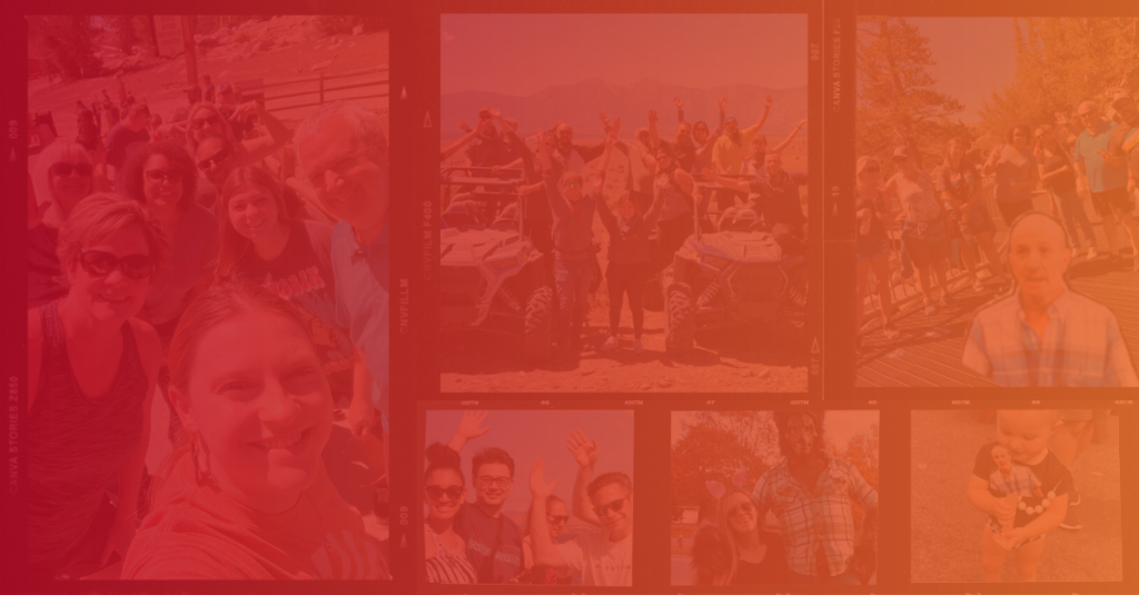 Collage of smiling people enjoying outdoor activities together, including group selfies and waving individuals